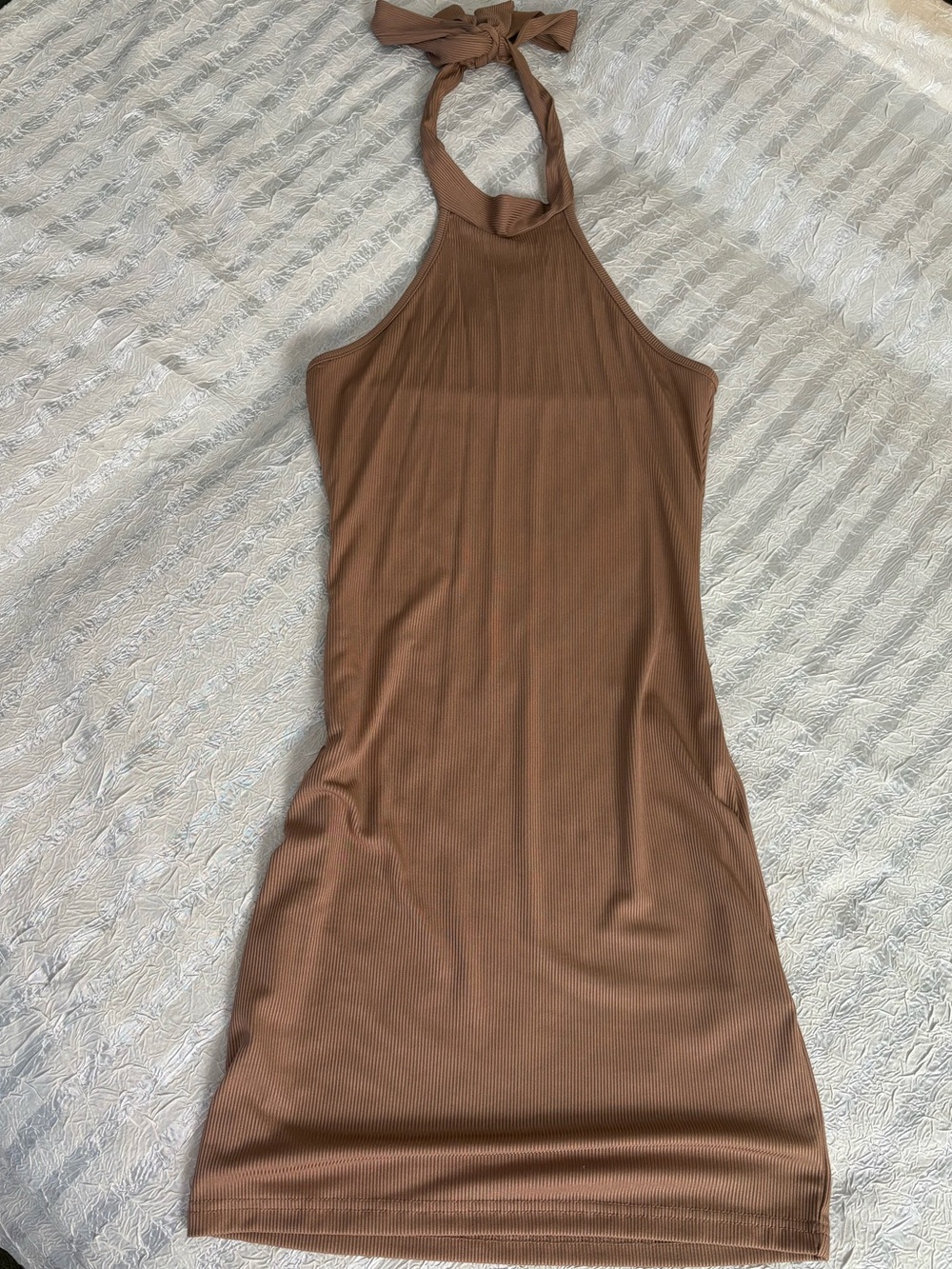Ribbed Halter Mini Body-con Dress in Brown